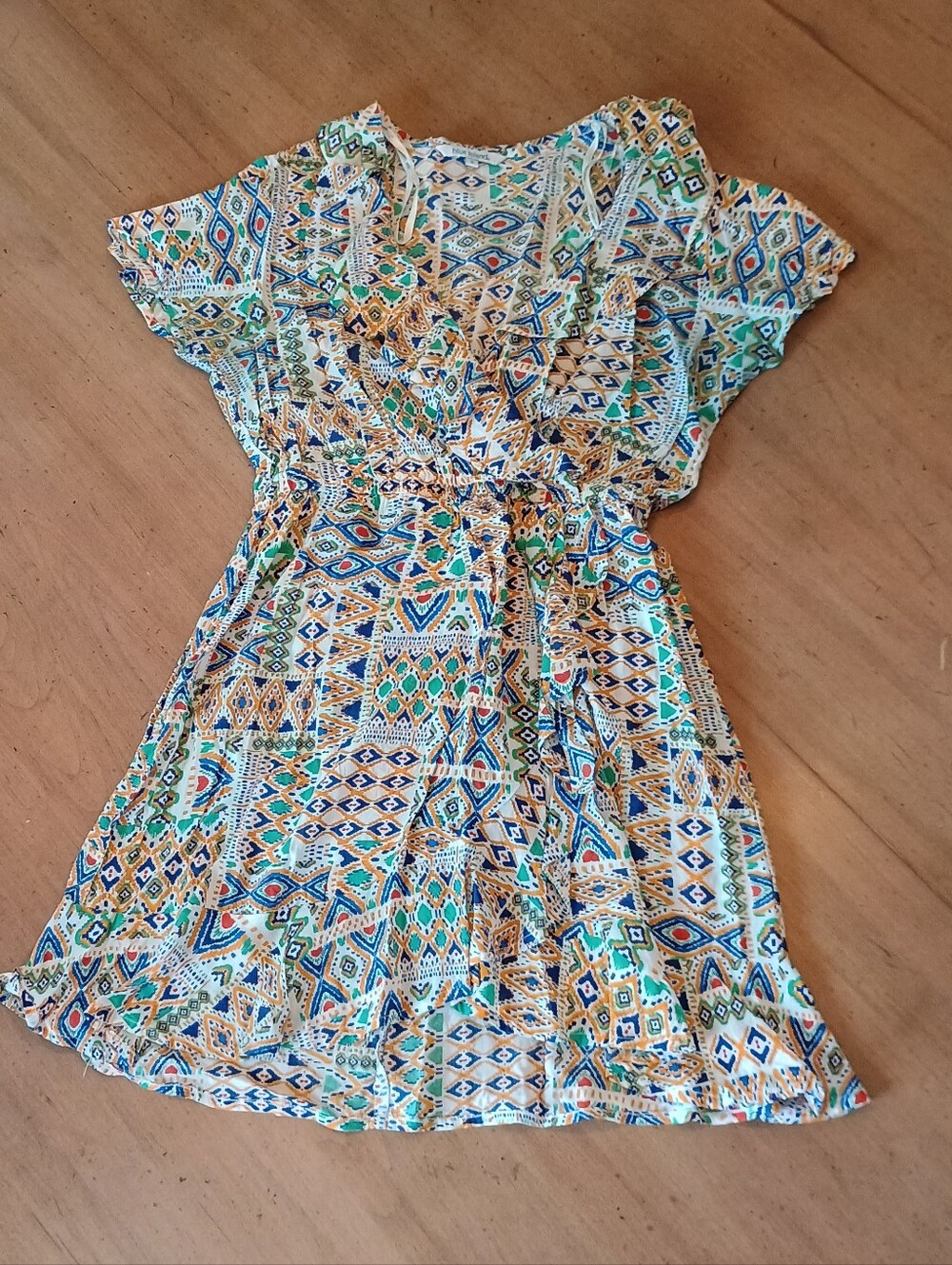 blue island Geometric Print Wrap Mini Dress in Blue, Green, Cream